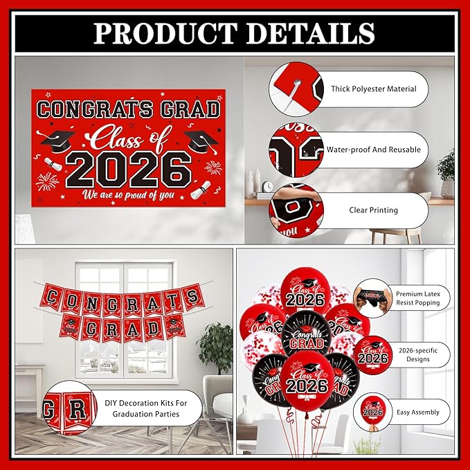 Graduation Decorations 2026 Red Party Decor Set with Congrats Grad Banner, Class of 2026 Backdrop, Balloons, Box & Streamers Supplies for High School & College Celebrations