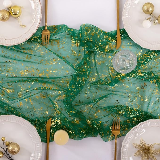 Socomi Christmas Snow Table Runner Gold Gauze Sheer Chiffon Cheesecloth Sequin 10FT Glitter Metallic Foil Dining Wedding Birthday Party Holiday Centerpiece Table Decor 3pcs Emerald Green