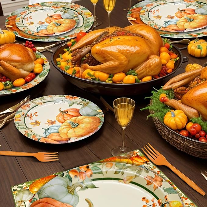 96 Pieces Fall Plates and Napkins Thanksgiving Tableware Set, Pumpkin Maple Leaf Disposable Dinnerware with Paper Plates, Napkins, and Forks for Thanksgiving Autumn Harvest Party Supplies- Serves 24