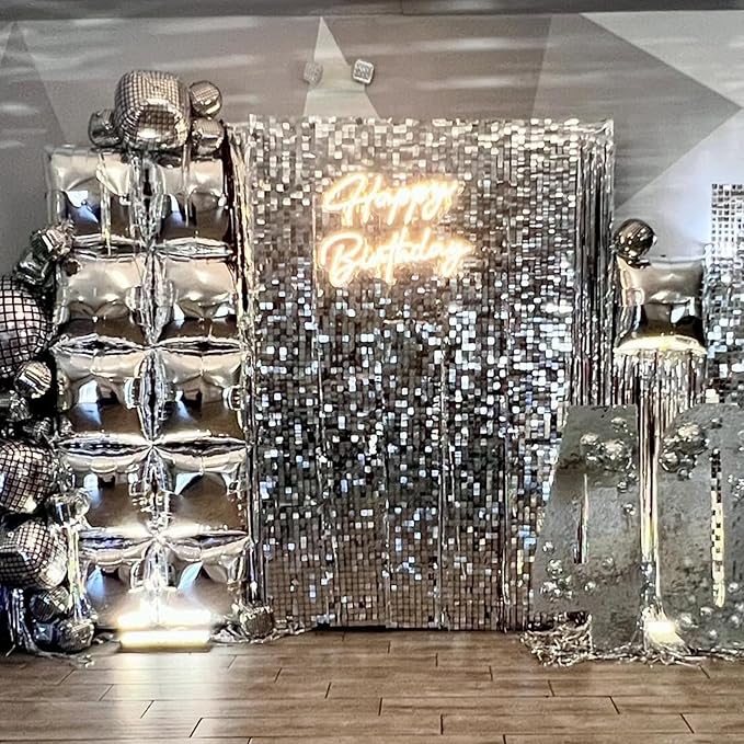 Silver Square Foil Balloons Wall, 25PCS Double Sided Metallic Chrome Silver Foil Square Balloon Backdrop Flat Tunnel Background for Birthdays Graduation Baby Shower New Year Eve Anniversary Engagement