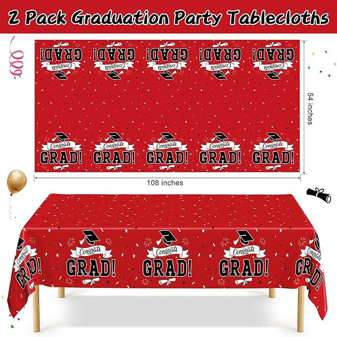 QZYL 2 PCS Graduation Tablecloth, 108" X 54" Red Graduation Table Decorations 2026, Disposable Plastic Tablecover for Grad Decor Party Supplies, Rectangle Table Cloths for Class 2026 Congrats Grad