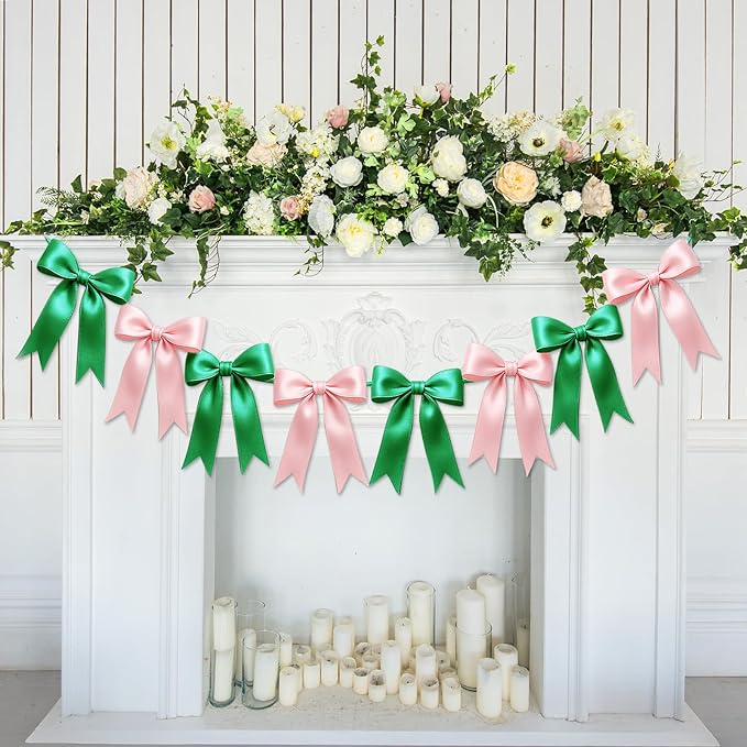 2 Strings of 16PCS Pink&Green Bow Garlands Banner Wicked Party Decoration,Pre-Strung Satin Ribbon Ornaments for Birthday,Bachelorette Party,Wedding,Engagement,Baby Shower,Graduation Decor,Anniversary