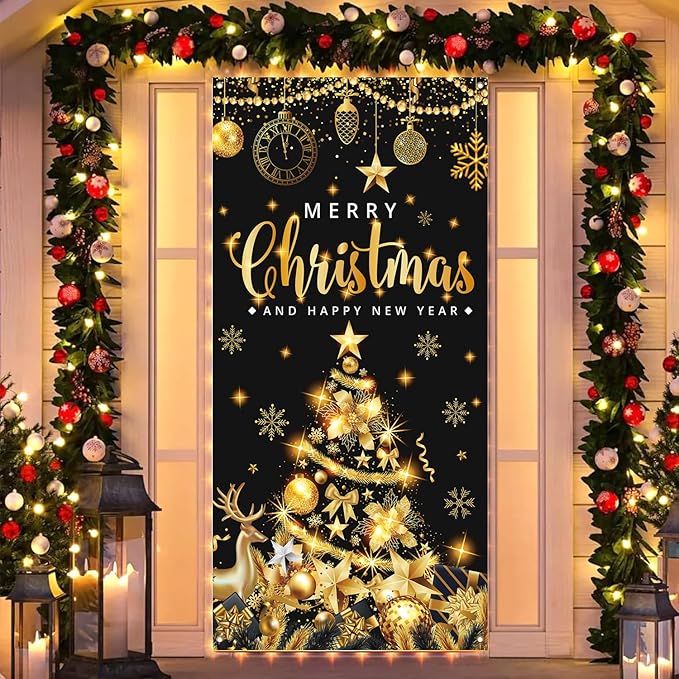 Large Size Merry Christmas & Happy New Year Party Banner, Black Gold, 71x35 Inches