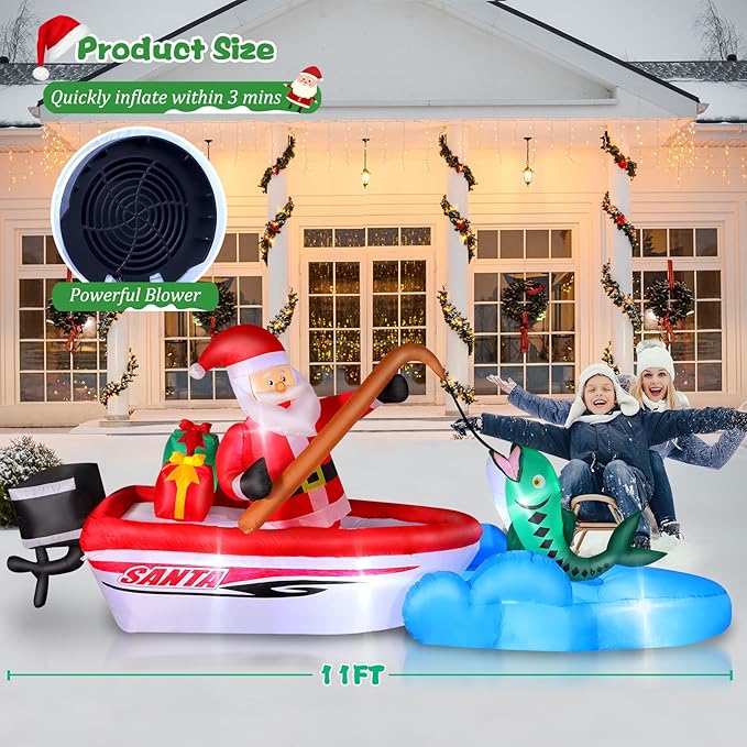 FunFanso 11 FT Christmas Inflatable Santa Claus Fishing on The Boat, Blow up Outdoor Decorations with Built-in Bright LED Lights, Vibrant Xmas Festival Decor for Lawn Yard Garden Holiday Party Porch