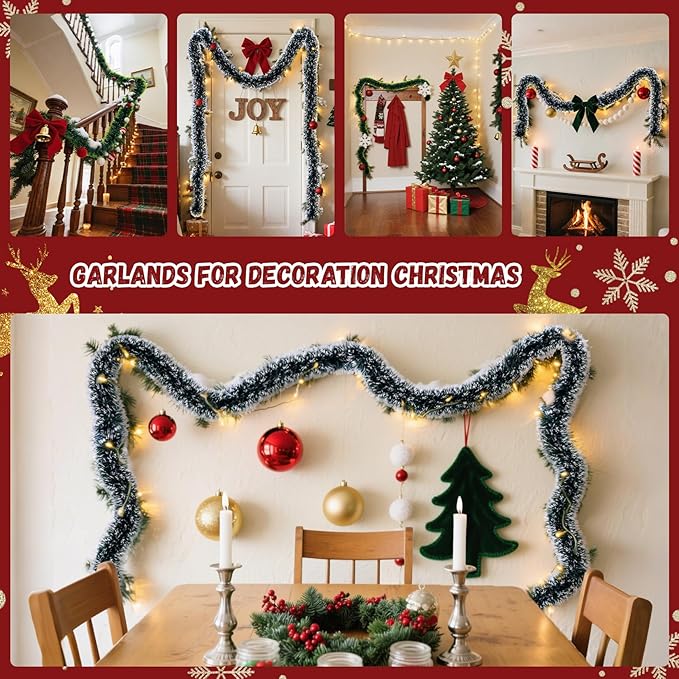 32.8FT RAINFLOW White Green Christmas Garland - Christmas Tinsel Garland Decorations for Xmas Tree Fireplace Mantel Stairs Railing Winter Theme Party Wedding Supplies Indoor Outdoor Holiday Decor