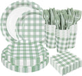 175Pcs Sage Green Gingham Party Supplies Kit Buffalo Plaid Tableware Set Disposable Dinnerware Paper Napkin Plate Cup Spoon Fork Knife for 25 Guest Party Favor