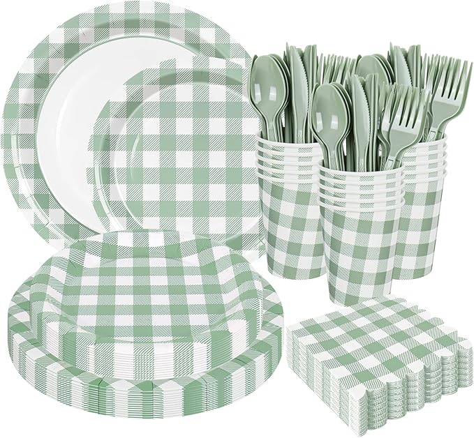 175Pcs Sage Green Gingham Party Supplies Kit Buffalo Plaid Tableware Set Disposable Dinnerware Paper Napkin Plate Cup Spoon Fork Knife for 25 Guest Party Favor