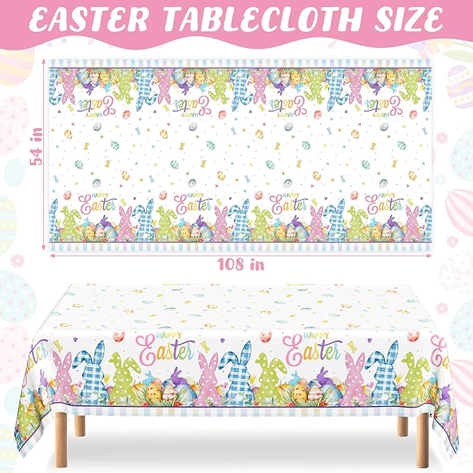 2 Pack Easter Tablecloth, 54" x 108" Easter Decorations, Rectangular Spring Tablecloths for Party Supplies, Colorful Eggs Bunny Flower Disposable Plastic Table Cloths for Easter Decorations for Home
