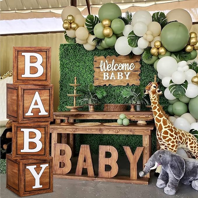 Baby Shower Boxes Party Decorations - 4 Wood Grain Brown Blocks with Baby Letter, Printed Letters,First Birthday Centerpiece Decor, Teddy Bear Baby Shower Supplies, Gender Reveal Backdrop