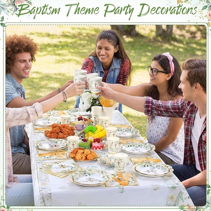Pickmesh 194 Pcs God Bless Baptism Party Decoration Boy 24, Sage Green Baptism Paper Plate Napkin Cup Tablecloth Cutlery First Holy Communion Disposable Tableware for Christening Baby Shower Supplies