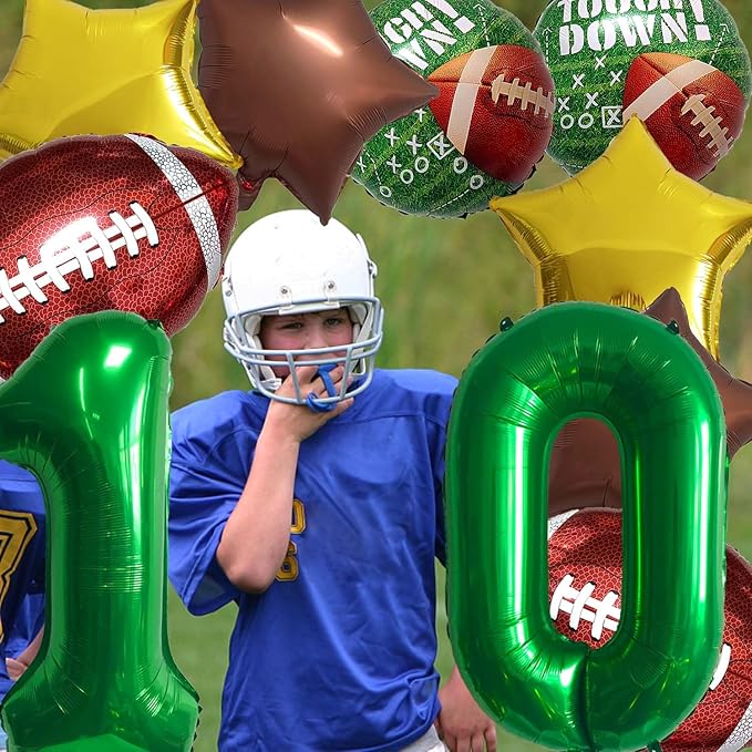 Football Balloons Foil Football Birthday Decorations Balloons Green Number 10 Balloon Gold Brown Star Touchdown Ballons for Rugby Birthday Decorations Sports Ballons Arch Kits Party Balloon Sets 10pcs