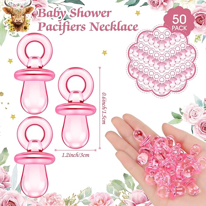 Thyle 51 Pcs Highland Cow Pacifier Hunt Baby Shower Games for Girls Include Hunt Sign and 50 Acrylic Pacifiers Boho Pink Floral Baby Shower Game Decoration Gift Sets for Gender Reveal Party Decor