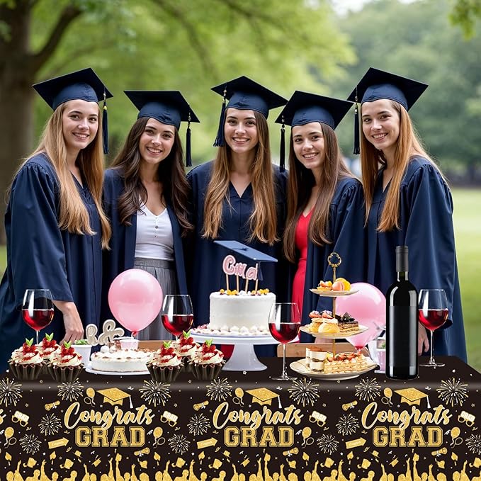 3 Pack Plastic Graduation Tablecloth, Graduation Decorations Class of 2026 Disposable Rectangle Black and Gold Table Cover, 2026 Gongrats Grad Table Cloths for Graduation Party Decorations, 54x108