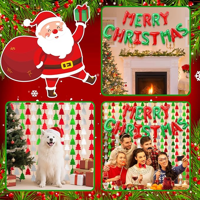 2Pack Christmas Foil Fringe Curtains with Merry Christmas Balloons, 3.3 x 6.6Ft Tree Backdrop Tinsel Photo Booth Props Streamers for New Year Ugly Sweater Xmas Party Decorations Supplies