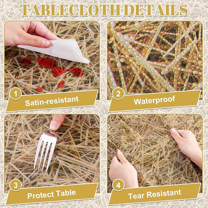 3 Pack Straw Plastic Tablecloth, 54 x 108 Inch Disposable Farm Hay Tablecloths Waterproof Rectangle Western Birthday Theme Table Cover for Cowboy Western Barn Birthday Baby Shower Party Supplies