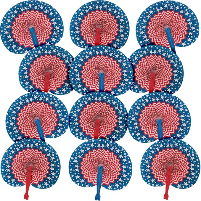 Fun Express 4th of July Decorations Paper Fans 12 Pack - Red White and Blue Patriotic Decor Hand Fans Foldable for Fourth of July Party Supplies | USA Americana Decor for Indoor Outdoor Celebrations