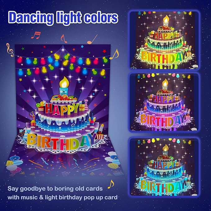 FaCraft 3D Pop Up Musical Birthday Cards for Women Men Kids - Large 7x7 Light Up Birthday Card with Music, Blowable LED Candle, 42s Vocal Song & Fiber Optic Stars with Envelope, Blank Insert, Seal