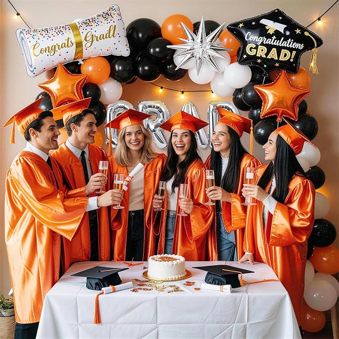 Orange Graduation Balloons Garland Arch Kit, 117PC Orange Black White Graduation Star Print Certificate Grad Foil Balloon with Silver Explosion Star Balloon for Graduate Class of 2026 Prom Party Decor