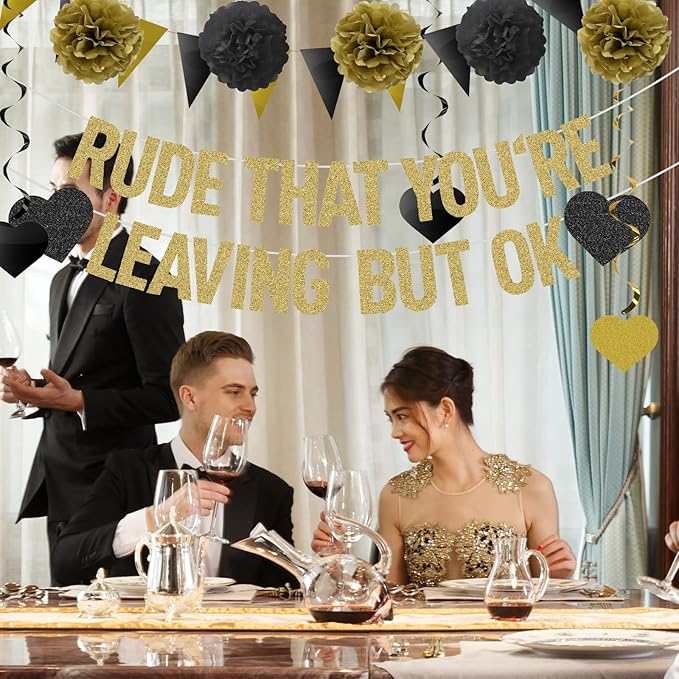 Rude That You're Leaving But OK Banner Going Away Party Decorations for Coworker Friends, Retirement Party Decor, Black Gold Glittery Office & Home Farewell Party Goodbye Decorations