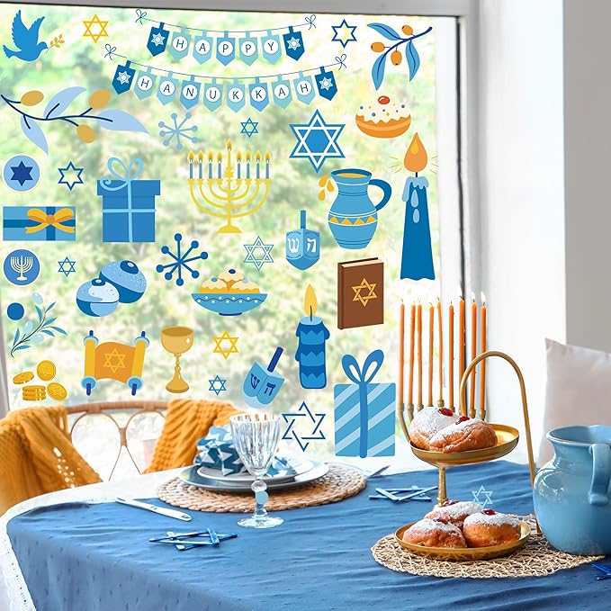 152PCS Hanukkah Window Clings, Happy Hanukkah Party Decorations, Blue Gold Menorah Star Window Decals Party Stickers for Home Class Jewish Decorations Supplies Accessories