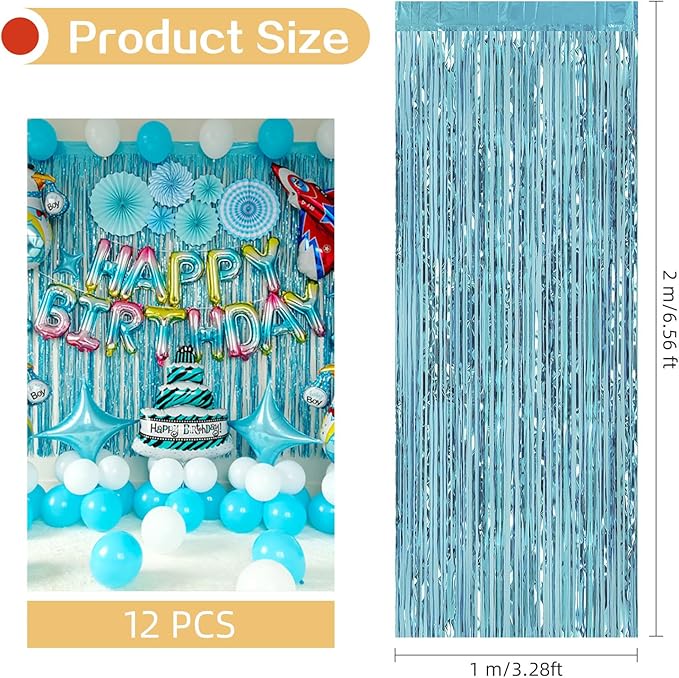12 Pack Blue Foil Curtain Backdrop 3.2ft x 6.6ft Metallic Tinsel Fringe Backdrop Curtains Streamer Photo Booth Backdrop for Birthday Engagement Bachelorette Christmas Holiday Party Decorations
