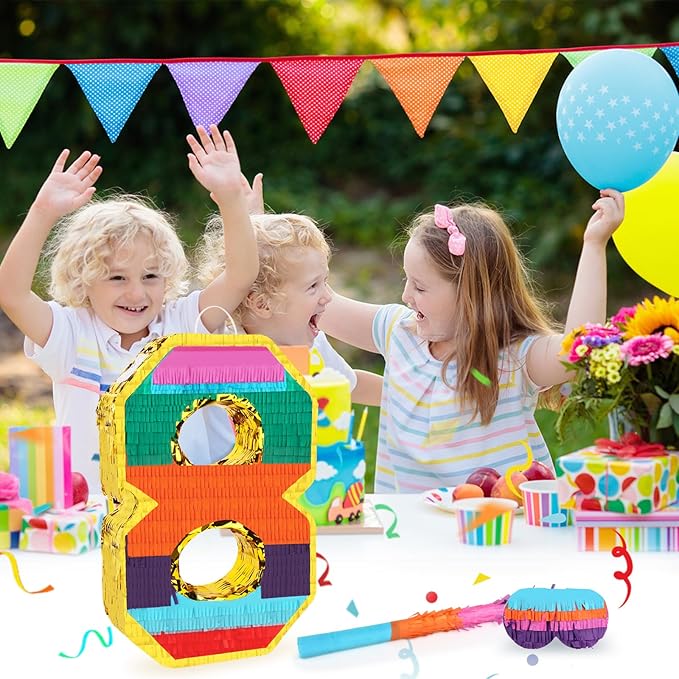 Rainbow Number 8 Pinata Rainbow Pinata with Bat Stick Blindfold for Kids 8th Birthday Party Supplies Fiesta Centerpieces Anniversary Celebrations (16.1 x 10.6 x 3.2 Inches)