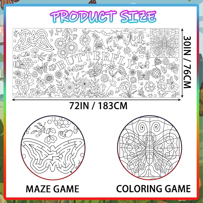 Spring Giant Coloring Poster for Kids 30x72 Inch Large Butterfly Fairy Party Flower Drawing Paper Coloring Tablecloth DIY Art Crafts Mat for Kids Birthday Themed Activity Wall Home Classroom Suppiles