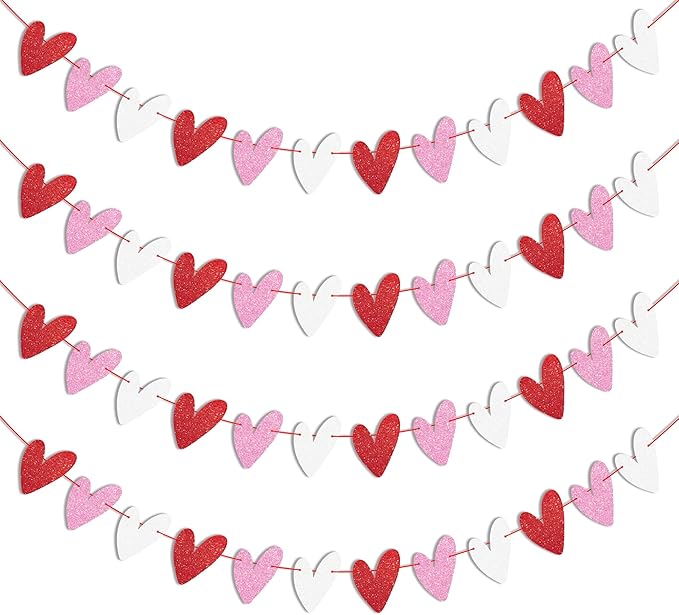 Tifeson 4 Pack Glitter Heart Garland Banner, NO DIY, Valentine's Day Decorations, Red Pink White Paper Heart Banner for Valentines Home Mantle Wall Table Wedding Engagement Anniversary Galentines Decor