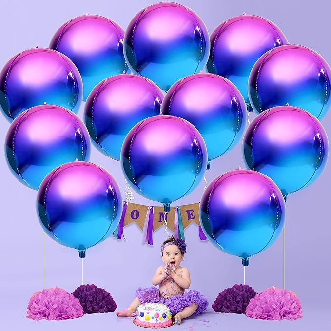 KatchOn, Purple Galaxy Balloons - 22 Inch, Pack of 12 | Round 4D Metallic Balloon for Galaxy Birthday Party Decorations | Iridescent Balloon | Purple and Blue Balloons for Mermaid Party Decorations