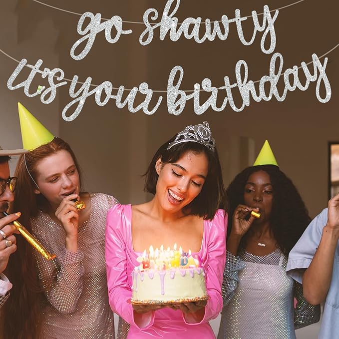 BEISHIDA Go Shawty It's Your Birthday Banner NO DIY Hip Hop Theme Happy Birthday Banner Pre-Strung Rap Theme Happy Birthday Sign for Man Women birthday Party Supply Glitter Silver