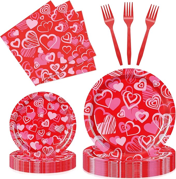 96 Pieces Valentines Day Plates and Napkins Tableware Set, Red Pink Heart Love Disposable Dinnerware with Paper Plates Napkins and Forks for Valentine Day Wedding Anniversary Party Favors - Serves 24