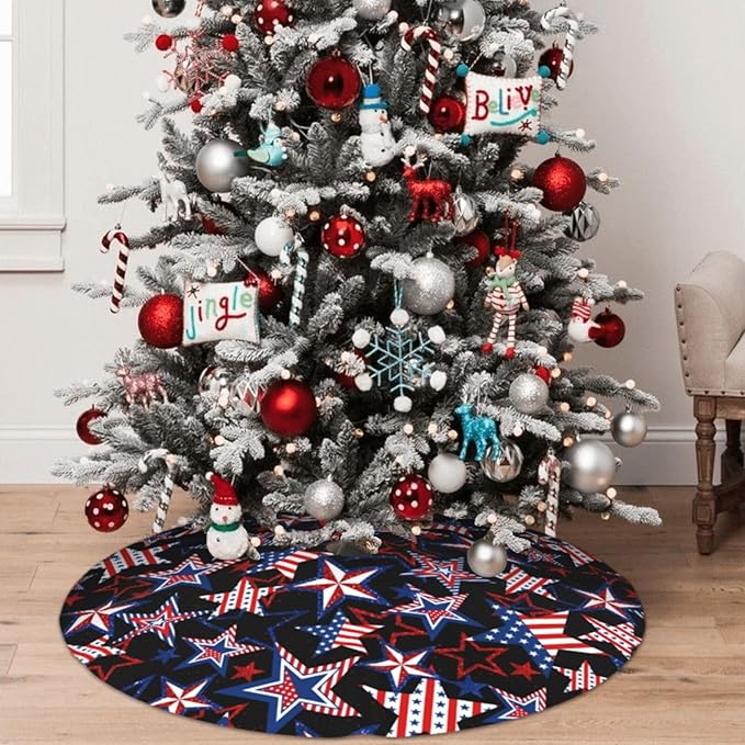 American Flag Patriotics Tree Skirt 4th of July Memorial Day Veterans Day Christmas Tree Skirt Xmas Tree Mat Christmas Tree Ornaments Decorations Holiday Party Indoor Outdoor 36"