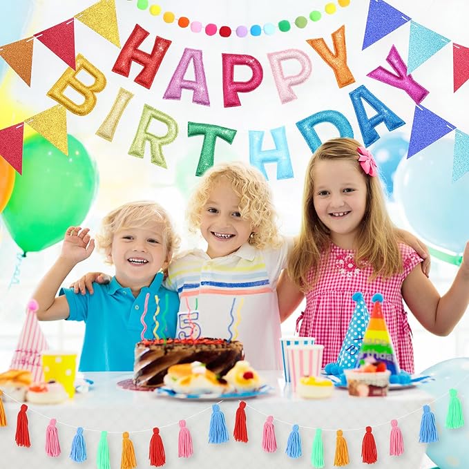 5 Pcs Pre-strung Rainbow Happy Birthday Banner Set, Felt Glitter Happy Birthday Garland with Ball Garland, Pennant Flags and Tassels, Birthdays Party Decorations for Kids and Adults
