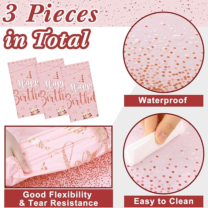Tudomro 3 Pcs Happy Birthday Tablecloths Happy Birthday Party Decorations Plastic Table Cover Rectangular Cloths for Women Men Baby Shower Party Supplies, 108 x 54 Inch (Pink Rose Gold)
