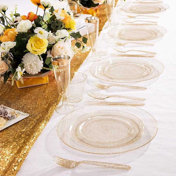 WDF 120PCS Gold Plastic Plates- Disposable Gold Glitter Plates, Premium Heavy Duty 60-10.25" Dinner Plate and 60-7.5" Salad Plate for Wedding Baby Shower Spring Birthday