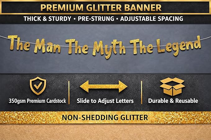 Pre-Strung The Man The Myth The Legend Gold Glitter Banner - Retirement Decorations for Men and Women - Retirement Party Supplies and Gifts