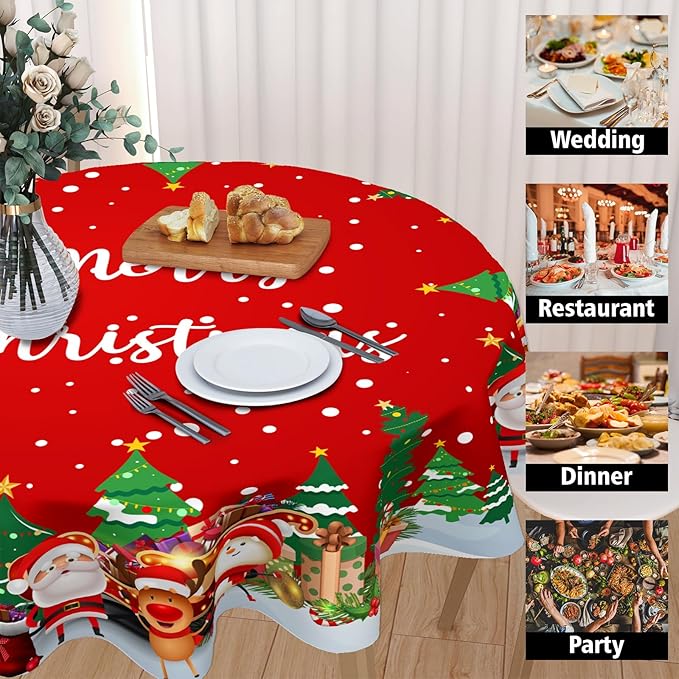 Merry Christmas Tablecloth Round 60 Inch Santa Snowman Tablecloth Reindeer Table Cloth Snowflakes Red Table Cloth for Holiday Party Outdoor Dining Room Home Christmas Decorations