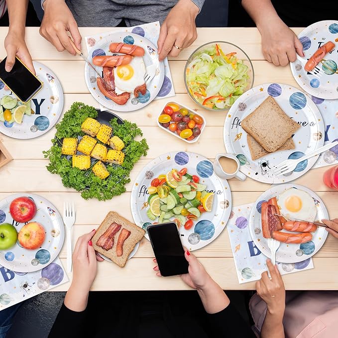 Houston We Have A Boy Outer Space It's a Boy Baby Shower Astronaut Planet Galaxy Plates Supplies - Serves 24-96Pcs Party Tableware Decoration Disposable Paper Plates Napkin Fork for Birthday
