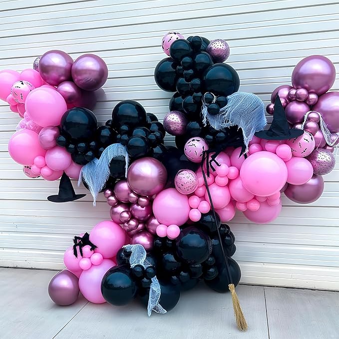 Halloween Balloon Arch Garland Kit, Black Pink Witch Halloween Balloons with Spider & Bat Decor, Metallic Fuchsia Pastel Goth Spooky Balloon for halloween Party Home Garden Outdoor Party Decorations