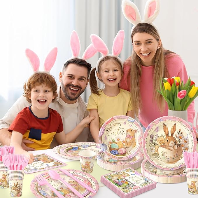 168PCS Happy Easter Party Supplies, Bunny and Eggs Paper Plates Napkins Cups and Cutlery, Easter Floral Disposable Tableware for Holiday Decor, Spring Wildflower Party Decorations