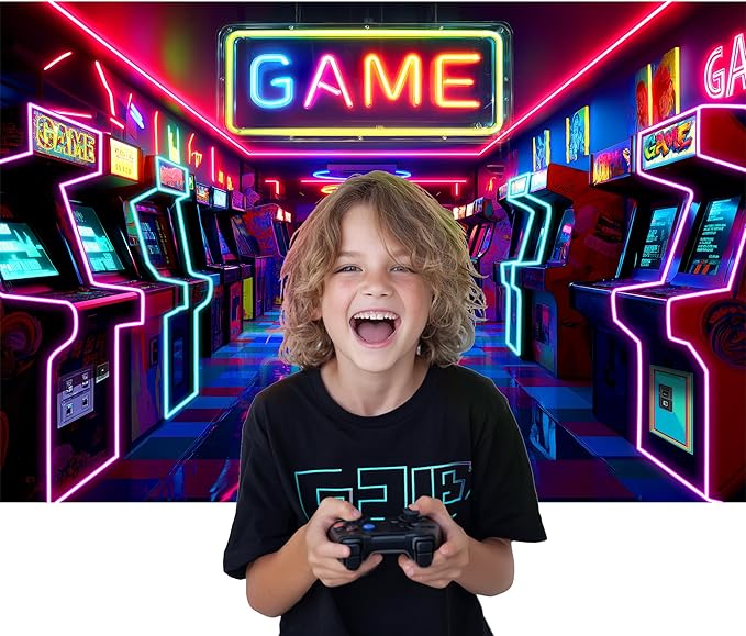 Imirell Arcade Game Neon Backdrop 5Wx3H Feet Colorful Retro Gaming Gamer Themed Modern Video Game Room Playroom Cool Polyester Fabric Boys Photography Backgrounds Photo Shoot Decor Props Decoration