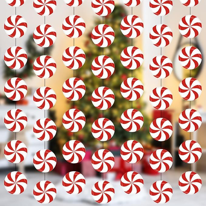 Faccito 8 Pcs Christmas Peppermint Candy Hanging Decorations Christmas Ceiling Decorations Paper Garland for Xmas Party Winter Holiday Birthday Decor(Red White Candy)