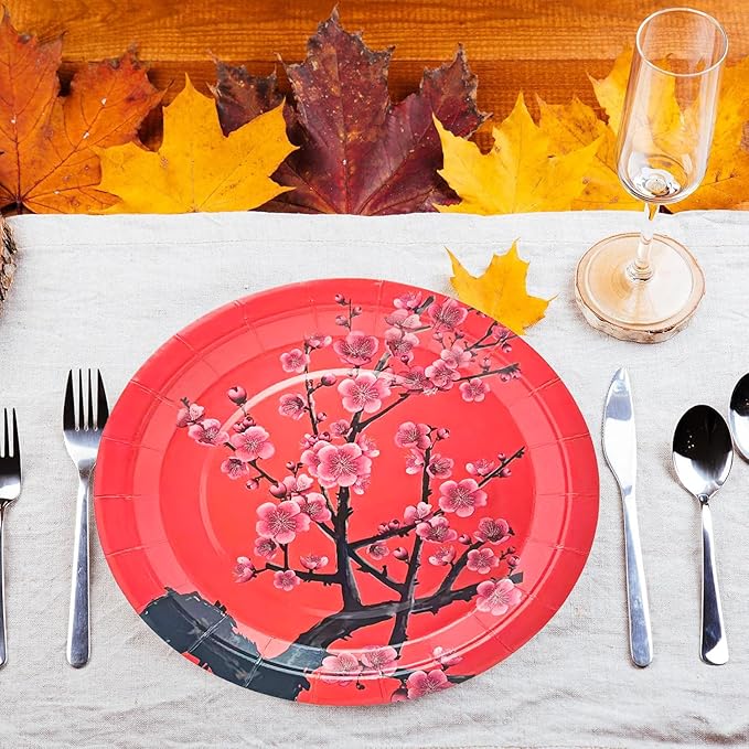 50Pcs Chinese New Year Party Supplies Chinese Japanese Cherry Paper Plates 7"Cherry Blossom Dessert Plates Flowers Plates for Birthday Wedding Chinese New Year Spring Festival Decorations (Red)