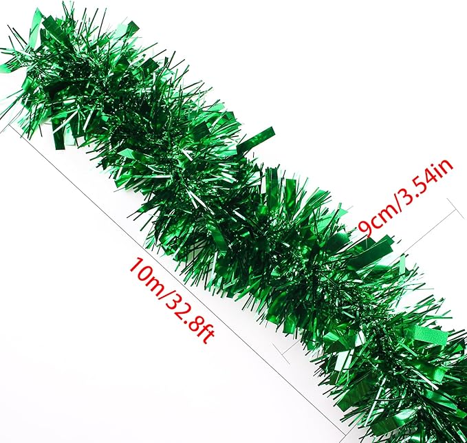 33FT Christmas Tinsel Garland,Green Shiny Metallic Foil Decorations for Parade Floats, Halloween, Christmas Tree, New Year Parties,Birthday Party,Indoor and Outdoor Disco Party Supplies