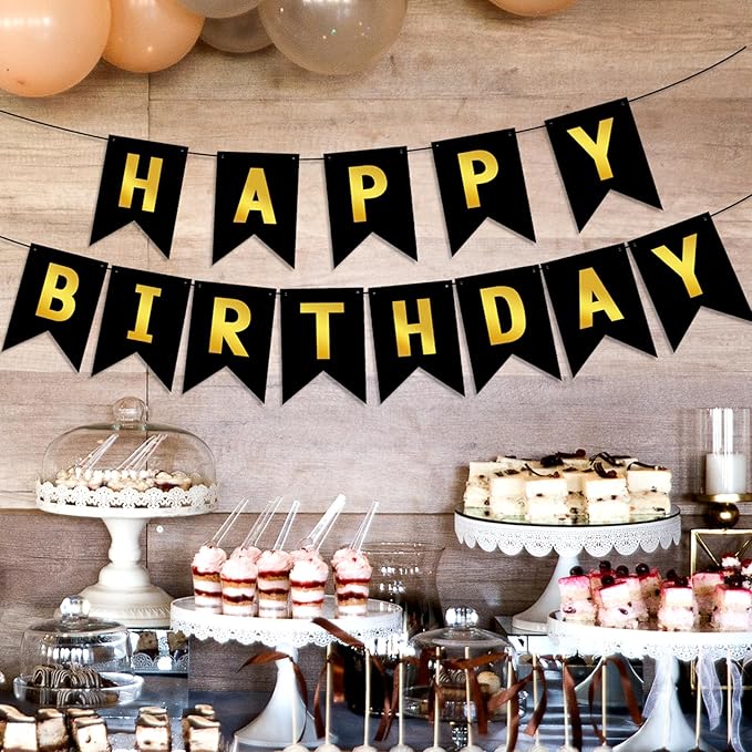Hooqict Happy Birthday Banner Black and Gold Birthday Decorations for Kids Men Women Black Party Banner Decorations Supplies Wall Door Garland Sign Bunting Flag