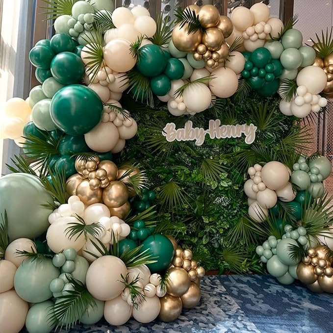 Emerald Green White Gold Balloons Arch Kit, Dark Green Sage Dusty Olive Green Sand White Gold Balloons Garland for Birthday Wedding Jungle Safari Party