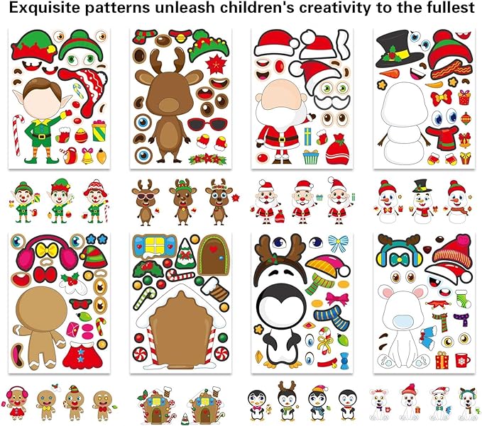 24 Sheets Christmas Stickers for Kids Make a Face Stickers Make Your Own Christmas Characters Mix and Match Stickers, Christmas Party Games Sticker for Christmas Party Favor Supplies School Rewards