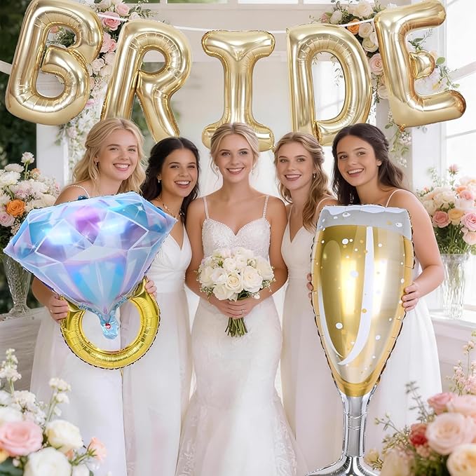 40inch Gold Bride Balloons Bachelorette, Bride To Be Bridal Shower Balloon Diamond Ring Champagne Glass Foil Balloons for Bachelorette Bridal Shower Engagement Wedding Hen Night Room Party Decorations