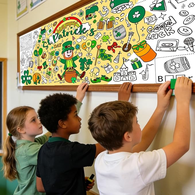 St Patricks Day Giant Coloring Poster for Kids,30x72Inch St Patricks Day Crafts Drawing Paper Coloring Tablecloth DIY Art Crafts Mat for Kids Party Clover Themed Activity Home Classroom Party Suppiles