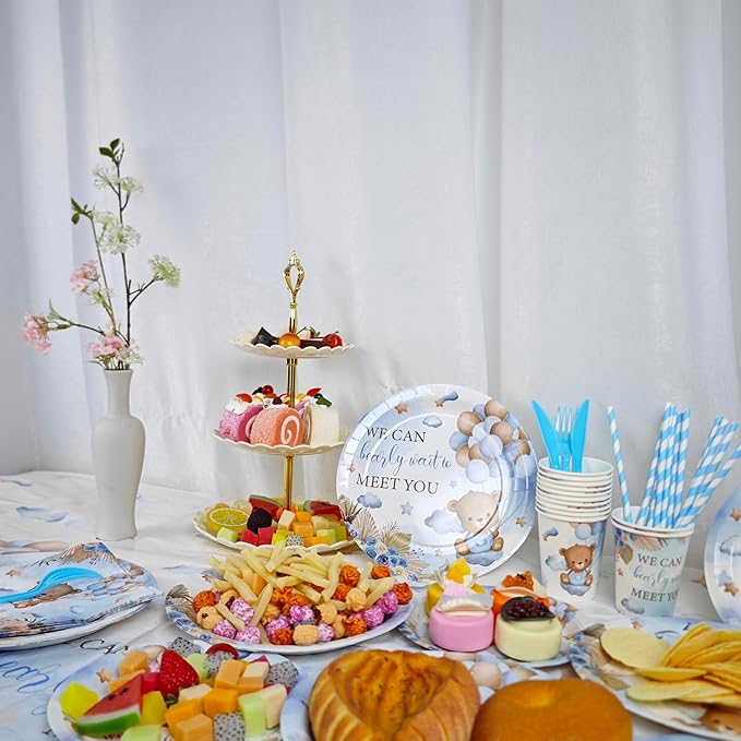 Baby Shower Party Supplies Set, We Can Bearly Wait Theme, 141 Pieces with Plates, Napkins, Cups and Tableware for 20 Guest Blue and Brown Bear Design Cuterly for Bear Babys Party